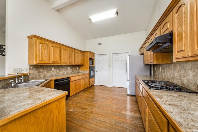 261 Pin Oak Dr, Bismarck, AR 71929 - kitchen featuring under cabinet range hood, black appliances, high vaulted ceiling, decorative backsplash, and brown cabinets