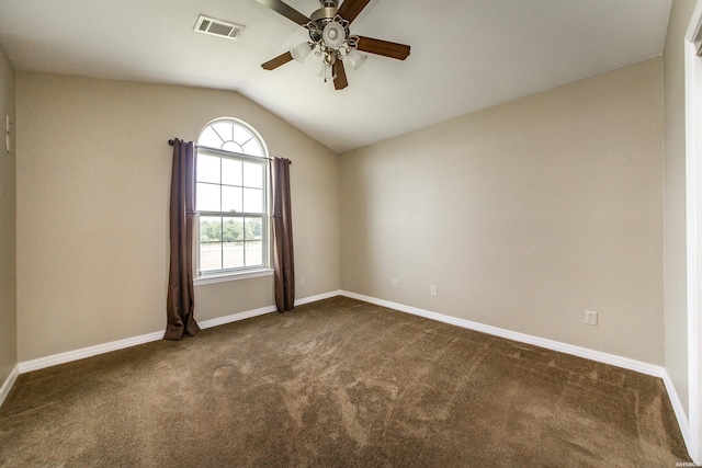 261 Pin Oak Dr, Bismarck, AR 71929 - empty room featuring a ceiling fan, dark colored carpet, and vaulted ceiling