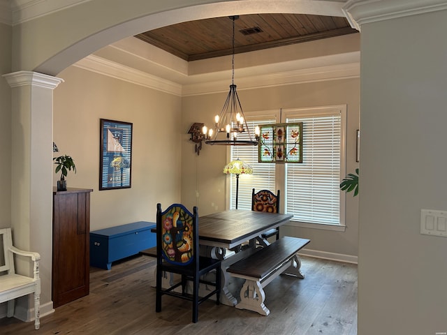 135 Callaway Cir, Hot Springs, AR 71913 - dining space featuring a raised ceiling, arched walkways, wood ceiling, wood-type flooring, and a chandelier