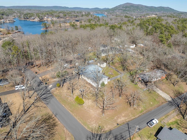 aerial view featuring a water and mountain view