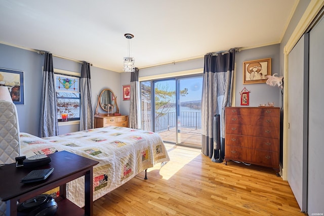 bedroom featuring light wood finished floors, a water view, access to outside, crown molding, and a closet