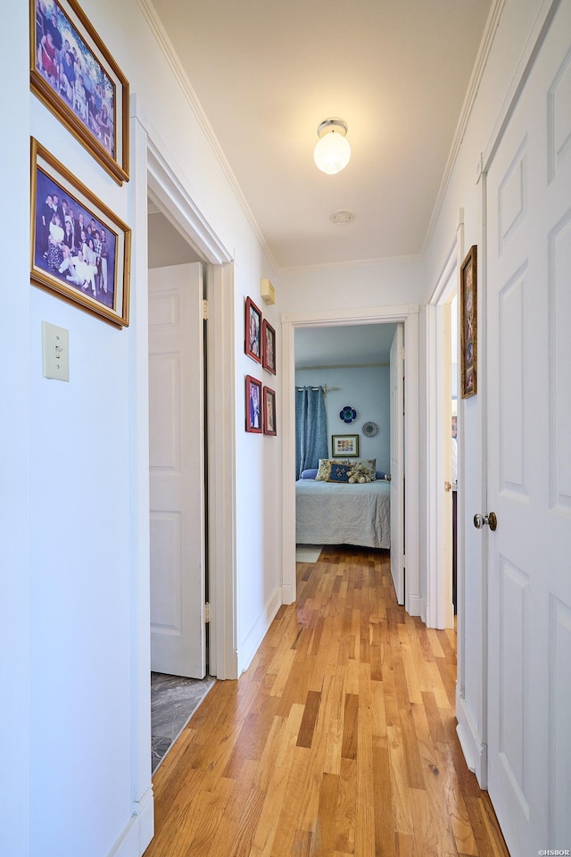 hall featuring light wood-type flooring, baseboards, and ornamental molding