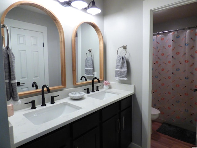 bathroom with double vanity, curtained shower, toilet, and a sink