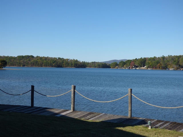 dock area featuring a water view and a wooded view