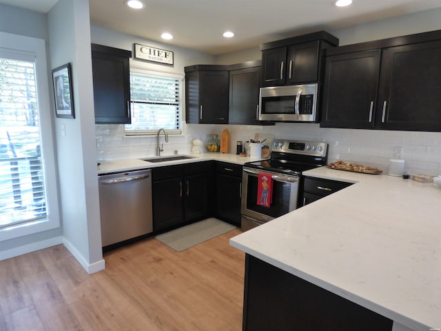 kitchen with dark cabinets, stainless steel appliances, a sink, and light wood finished floors