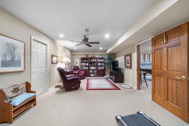 interior space with light carpet, baseboards, visible vents, and recessed lighting