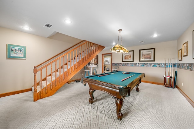 playroom featuring recessed lighting, light colored carpet, visible vents, billiards, and baseboards