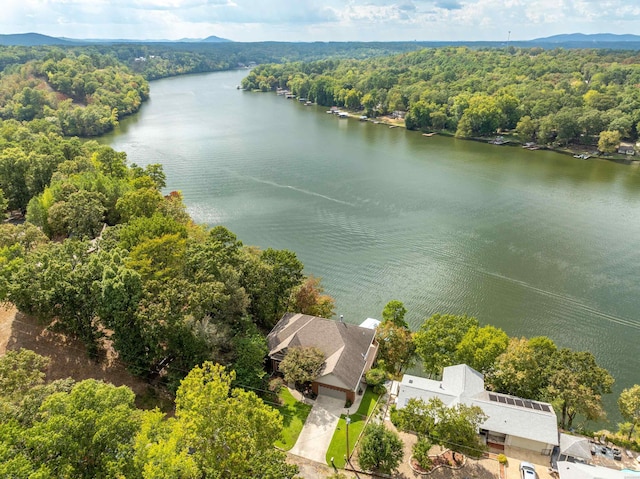 drone / aerial view featuring a water view and a forest view