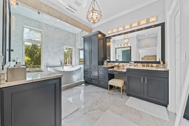 full bathroom featuring visible vents, a soaking tub, marble finish floor, crown molding, and a notable chandelier