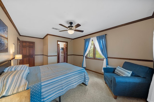 carpeted bedroom with baseboards, visible vents, ceiling fan, and ornamental molding