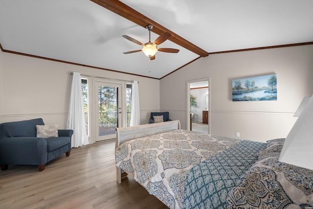 bedroom featuring access to exterior, crown molding, light wood-style flooring, lofted ceiling with beams, and a ceiling fan