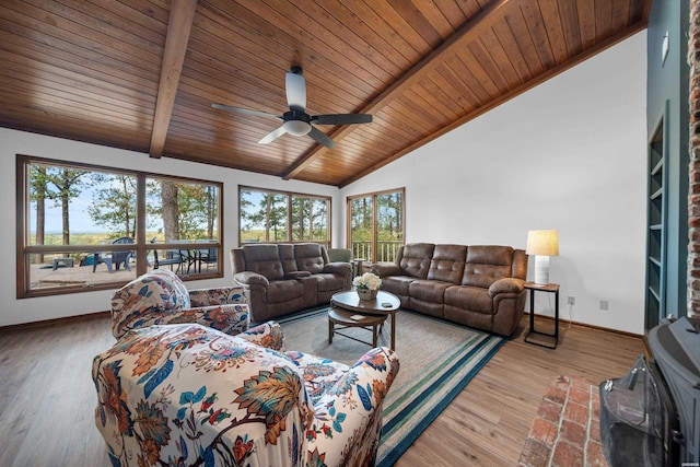 living room with baseboards, wooden ceiling, wood finished floors, beamed ceiling, and high vaulted ceiling