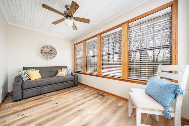 living area featuring ceiling fan, wooden ceiling, wood finished floors, visible vents, and baseboards