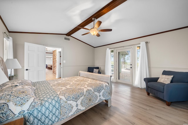 bedroom featuring visible vents, lofted ceiling with beams, ornamental molding, wood finished floors, and access to outside