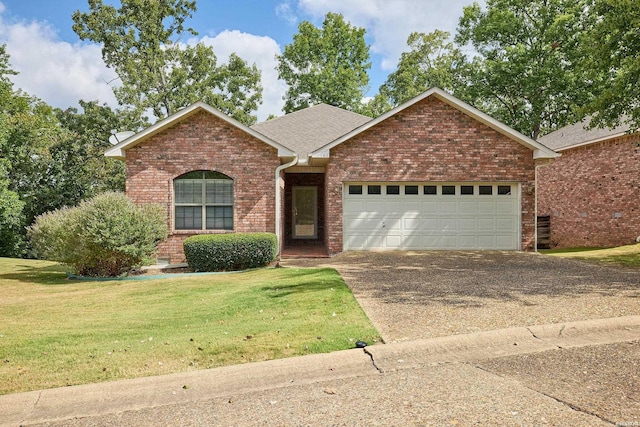 ranch-style house featuring brick siding, a shingled roof, a garage, driveway, and a front lawn