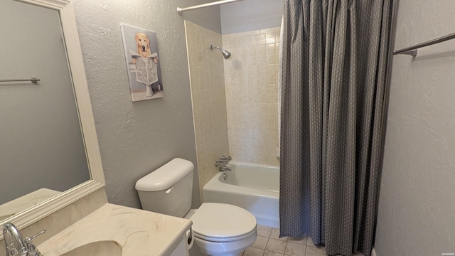 full bathroom with toilet, tile patterned floors, shower / bathtub combination with curtain, and a textured wall