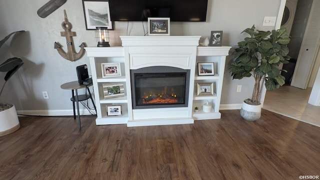 living area featuring baseboards, wood finished floors, and a glass covered fireplace