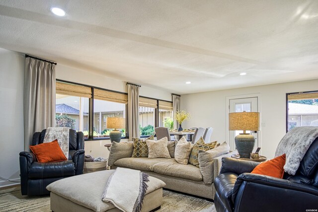 living area featuring a textured ceiling and recessed lighting