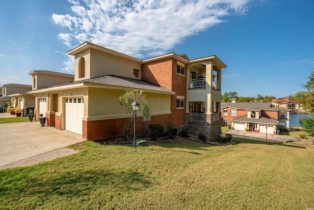 view of home's exterior featuring brick siding, concrete driveway, a lawn, an attached garage, and a balcony