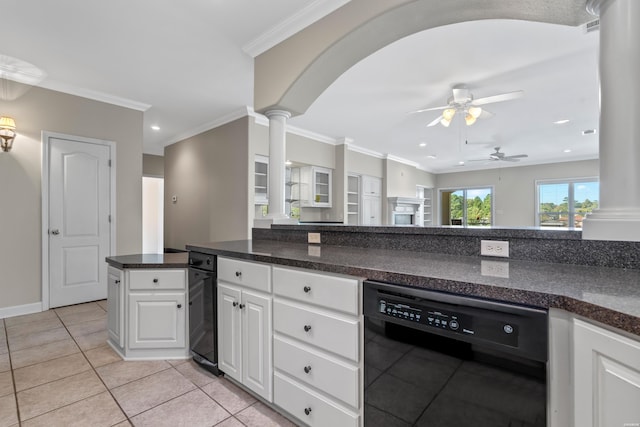 kitchen featuring ornamental molding, white cabinets, dishwasher, and decorative columns