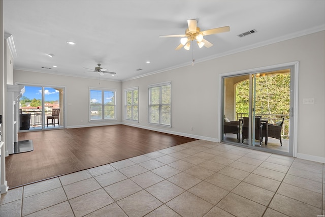 unfurnished living room with crown molding, recessed lighting, visible vents, light tile patterned flooring, and baseboards