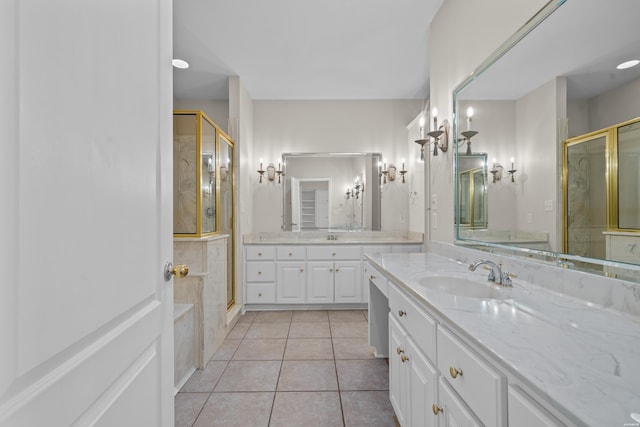 bathroom with tile patterned flooring, two vanities, a sink, and a shower stall