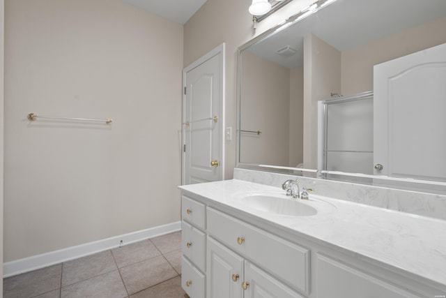 full bath featuring visible vents, a shower with shower door, vanity, tile patterned flooring, and baseboards