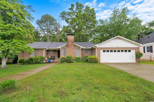 206 Shawnee St, Hot Springs, AR 71901 - single story home featuring a garage, driveway, a front yard, brick siding, and a chimney