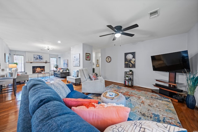 206 Shawnee St, Hot Springs, AR 71901 - living area with a ceiling fan, a lit fireplace, wood finished floors, baseboards, and recessed lighting