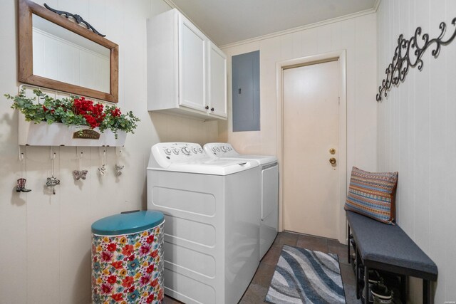 206 Shawnee St, Hot Springs, AR 71901 - laundry area with electric panel, cabinet space, washing machine and dryer, and ornamental molding