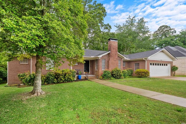 206 Shawnee St, Hot Springs, AR 71901 - ranch-style house featuring an attached garage, brick siding, a chimney, and a front yard