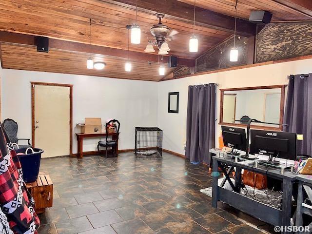 906 Surrey Rd, Hot Springs, AR 71909 - home office with wood ceiling, vaulted ceiling with beams, baseboards, and a ceiling fan