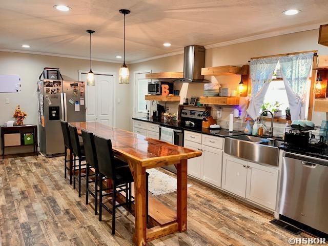 906 Surrey Rd, Hot Springs, AR 71909 - kitchen featuring wall chimney range hood, appliances with stainless steel finishes, open shelves, a sink, and light wood-style flooring