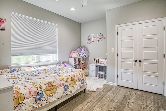 308 Blue Bell Ct, Hot Springs, AR 71901 - bedroom featuring ceiling fan, recessed lighting, baseboards, light wood-style floors, and a closet