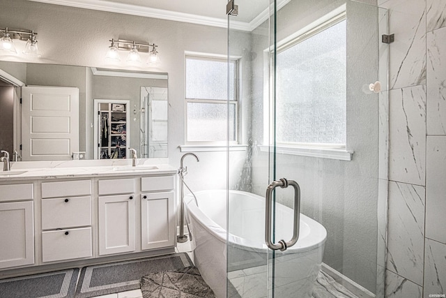 308 Blue Bell Ct, Hot Springs, AR 71901 - full bath featuring a freestanding tub, a sink, a shower with door, and crown molding