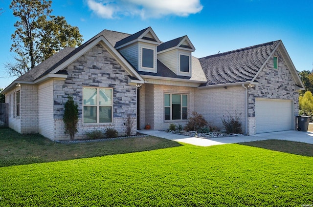 view of front of home featuring a garage, driveway, a front lawn, and brick siding