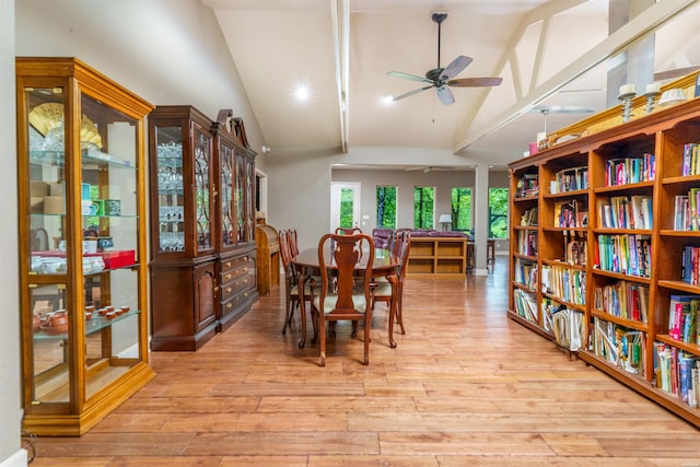 dining space with recessed lighting, ceiling fan, wood finished floors, and lofted ceiling