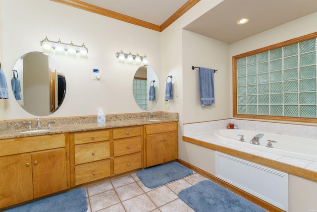 bathroom with crown molding, double vanity, a sink, and tile patterned flooring
