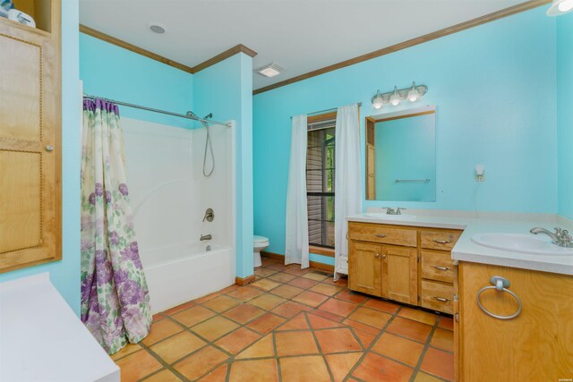 full bath featuring toilet, ornamental molding, shower / bath combo, and vanity