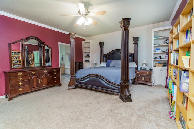 bedroom with crown molding, carpet, a ceiling fan, and connected bathroom