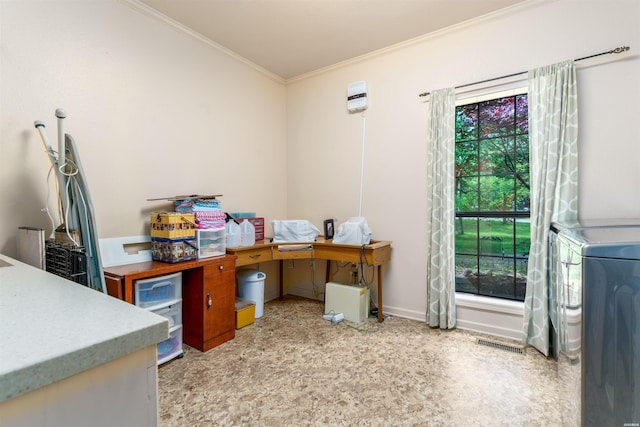 office space featuring ornamental molding, independent washer and dryer, and visible vents