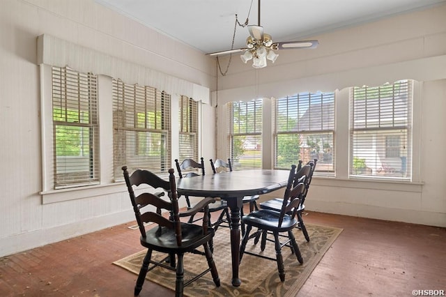 dining room with wood finished floors, ceiling fan, plenty of natural light, and ornamental molding