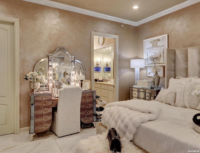 130 Grand Isle Dr Unit 3F, Hot Springs, AR 71913 - bedroom featuring crown molding, connected bathroom, light marble finish floors, and recessed lighting