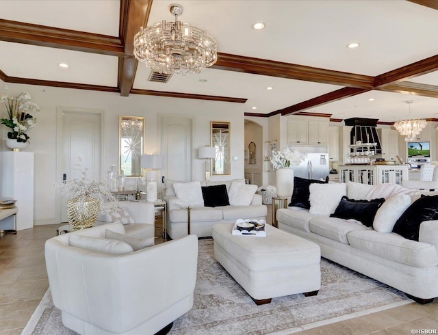 130 Grand Isle Dr Unit 3F, Hot Springs, AR 71913 - living room featuring a chandelier, beam ceiling, ornamental molding, and recessed lighting
