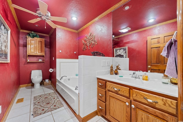 bathroom with a garden tub, tile patterned floors, toilet, and crown molding