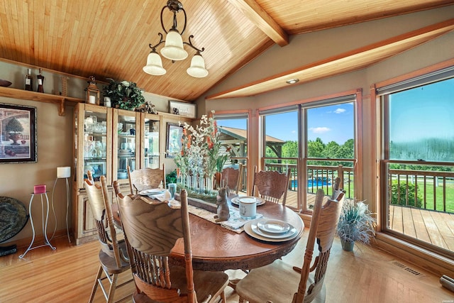 dining space with light wood-type flooring, a healthy amount of sunlight, visible vents, and lofted ceiling with beams