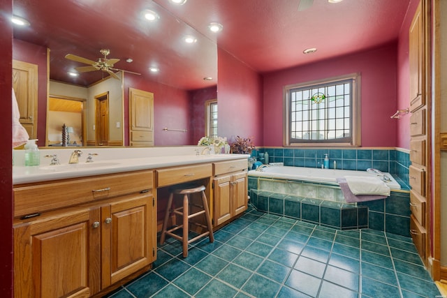 full bath with double vanity, recessed lighting, a sink, tile patterned flooring, and a bath
