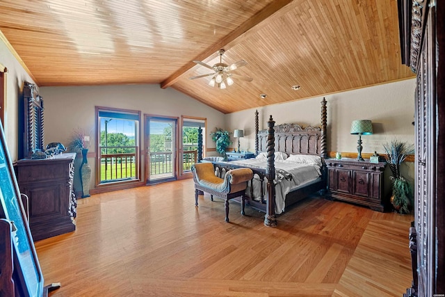 bedroom featuring light wood finished floors, lofted ceiling with beams, wood ceiling, ceiling fan, and access to outside