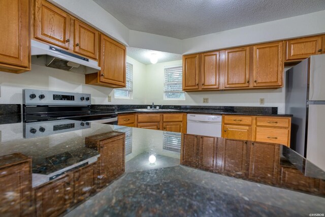 kitchen with under cabinet range hood, appliances with stainless steel finishes, brown cabinetry, and dark stone countertops