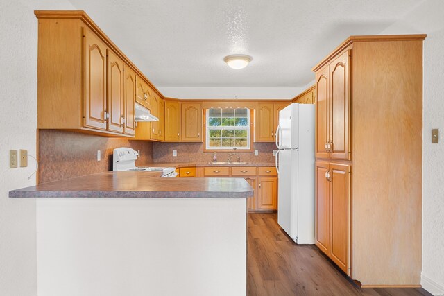 kitchen featuring a peninsula, white appliances, under cabinet range hood, and a sink